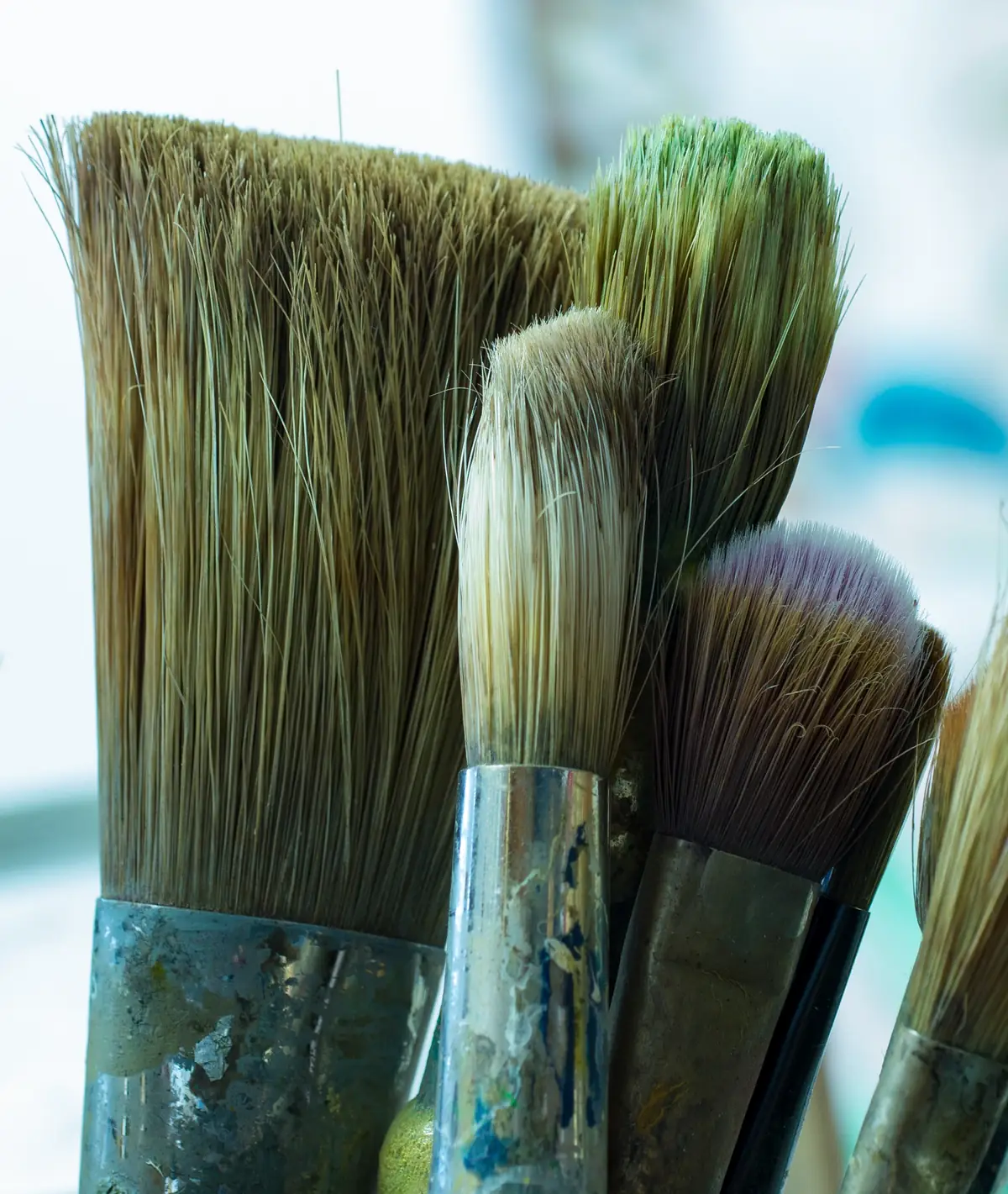 Brosses de peintre aux soies usées, serrées en bouquet